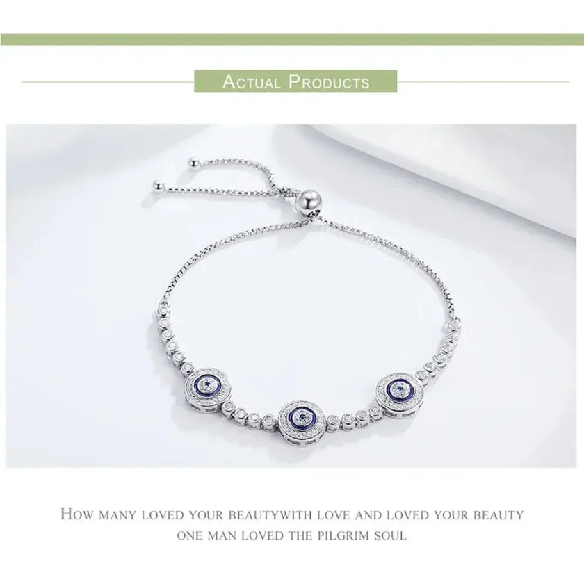 Genuine 925 Sterling Silver Evil Eye Tennis Bracelet w/ Blue CZ | Adjustable