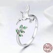 925 Sterling Silver Green Tree & Bird Open Ring