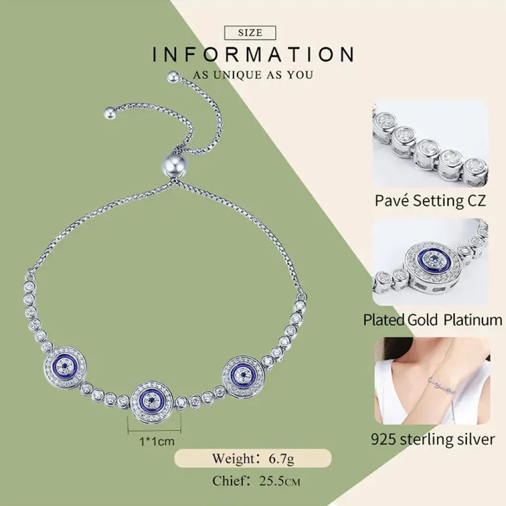Genuine 925 Sterling Silver Evil Eye Tennis Bracelet w/ Blue CZ | Adjustable