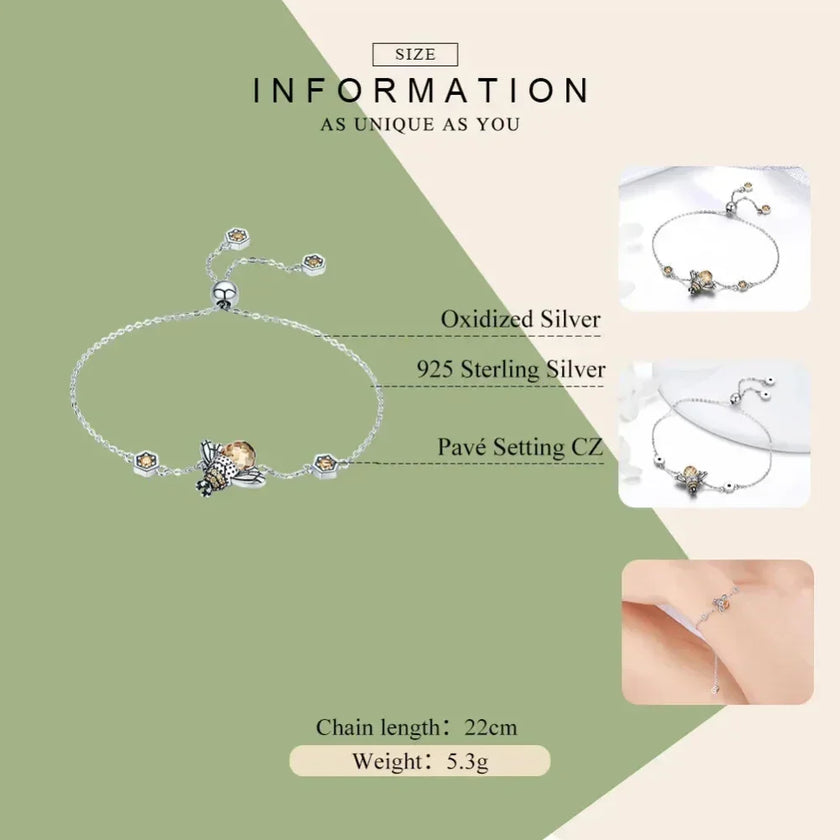 Sterling Silver Dancing Bee Charm Bracelet with CZ