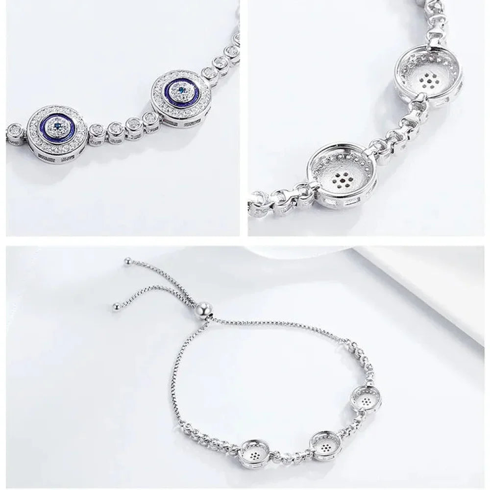 Genuine 925 Sterling Silver Evil Eye Tennis Bracelet w/ Blue CZ | Adjustable