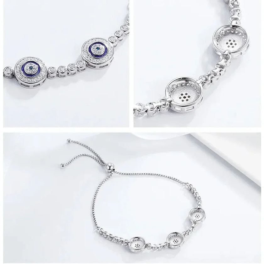 Genuine 925 Sterling Silver Evil Eye Tennis Bracelet w/ Blue CZ | Adjustable