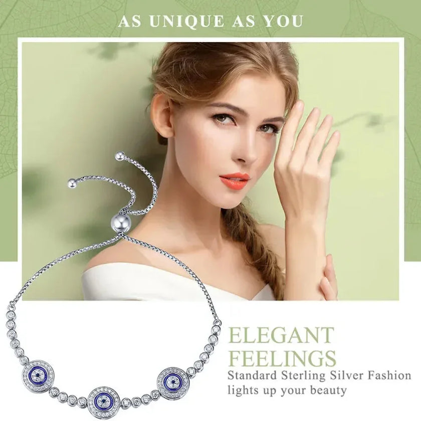 Genuine 925 Sterling Silver Evil Eye Tennis Bracelet w/ Blue CZ | Adjustable