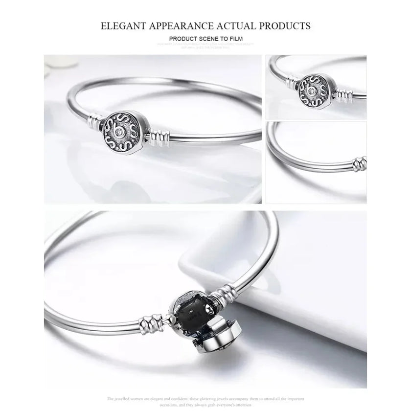 Sterling Silver Snake Chain Bangle Bracelet with CZ Pavé