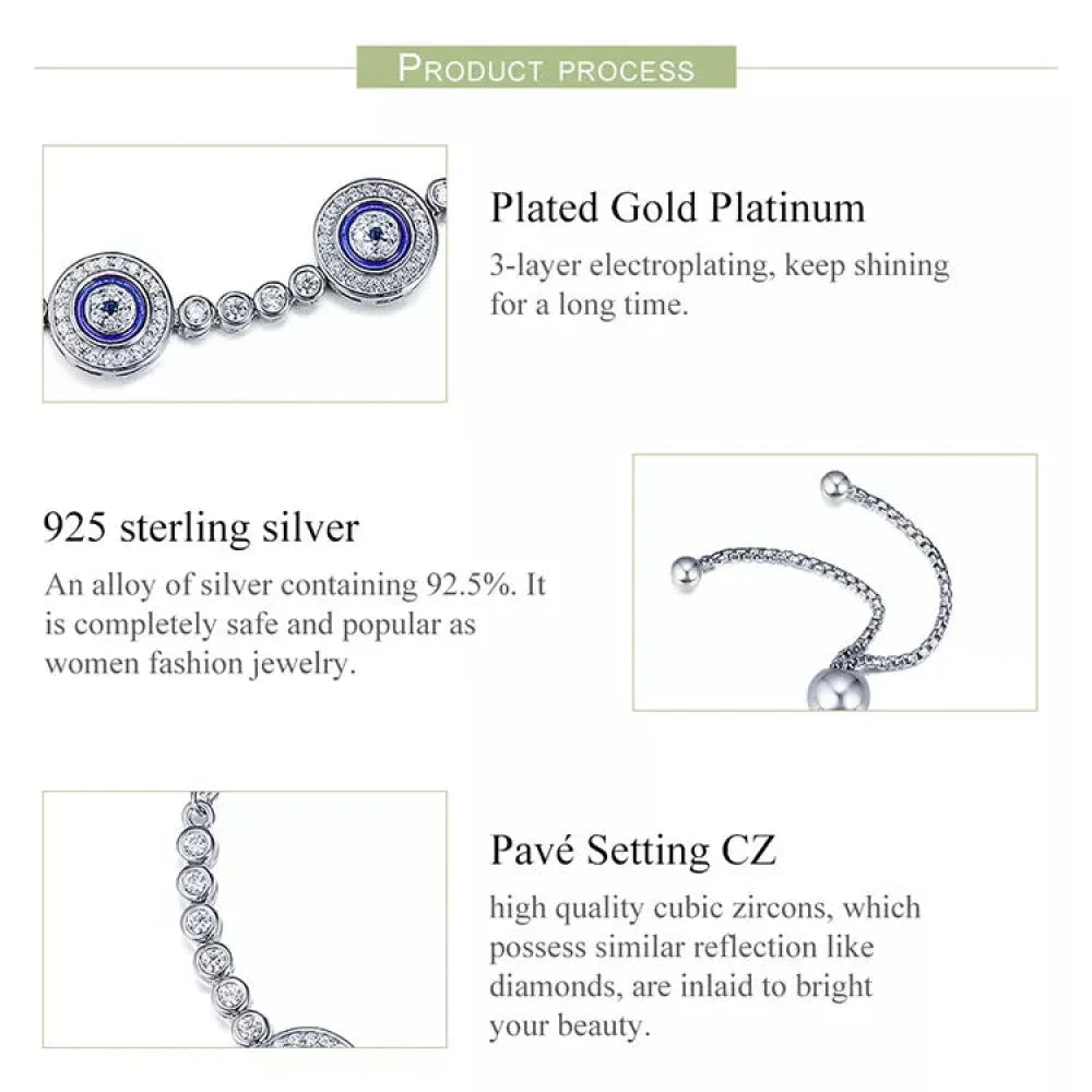 Genuine 925 Sterling Silver Evil Eye Tennis Bracelet w/ Blue CZ | Adjustable