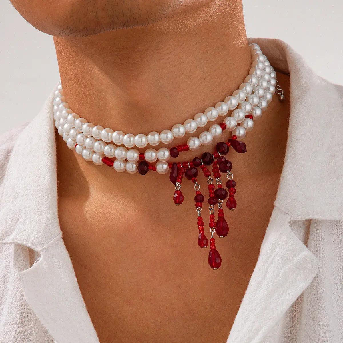 Halloween Blood Drop Tassel Pearl Crystal Necklace