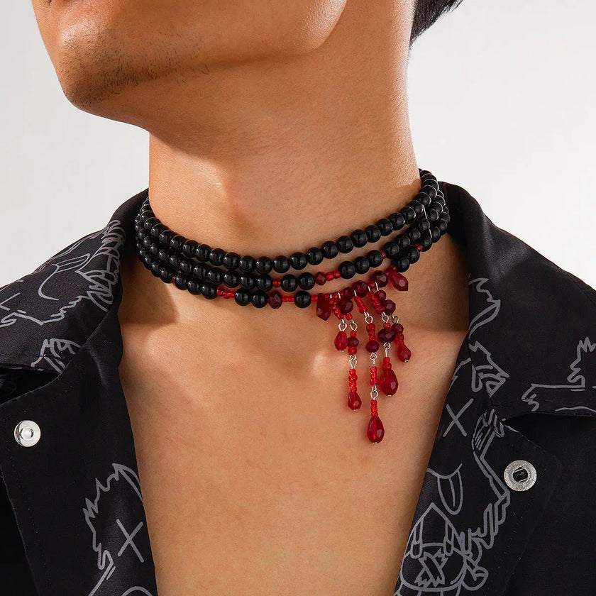 Halloween Blood Drop Tassel Pearl Crystal Necklace