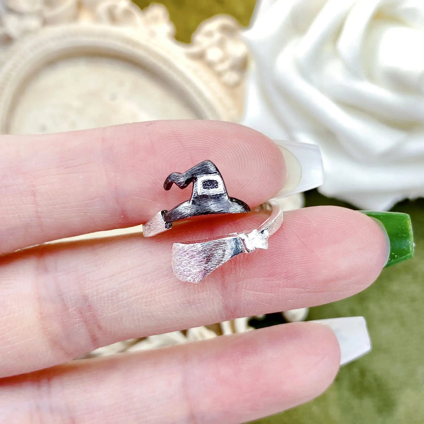 Halloween Ghost Witch Hat Broom Opening Ring