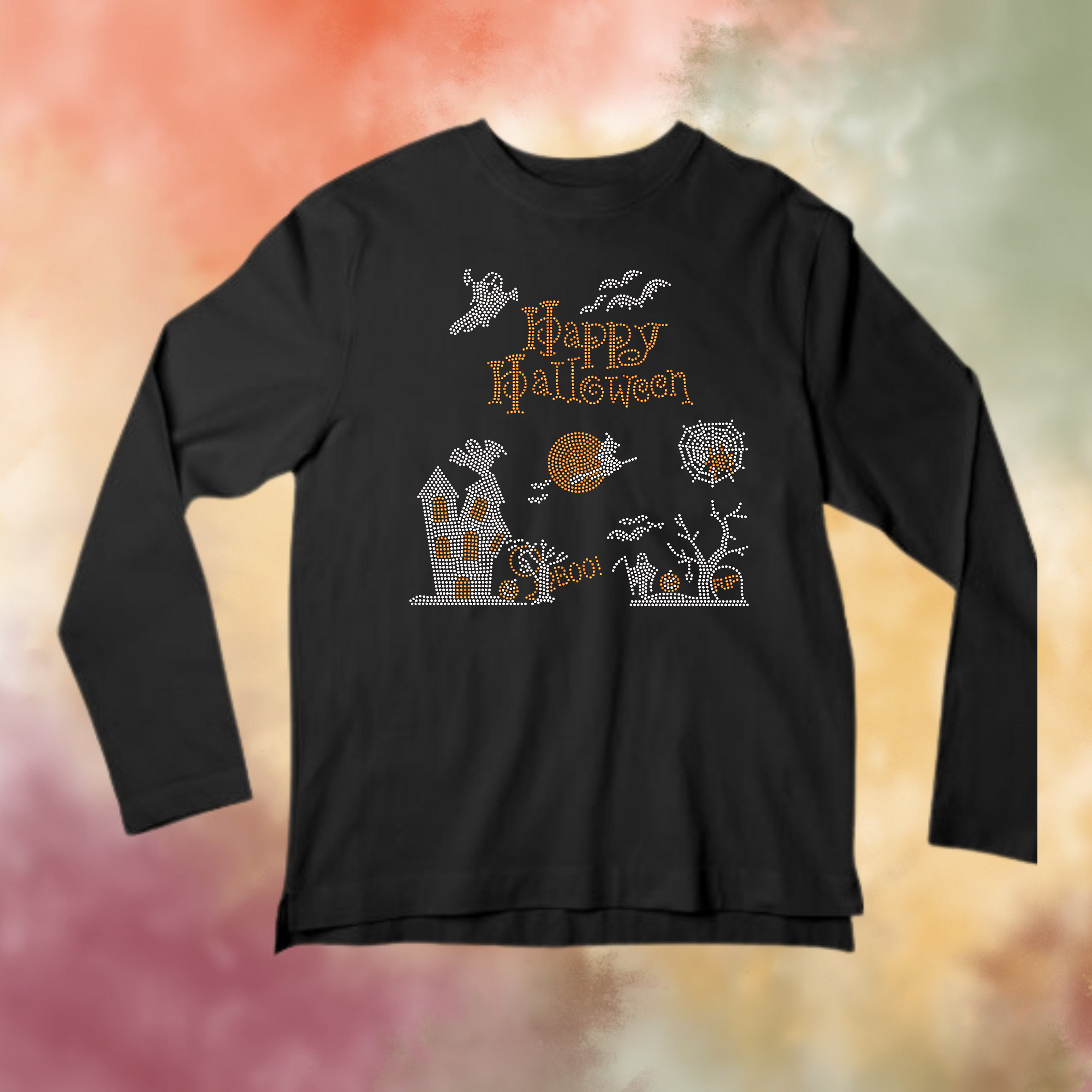 Happy Halloween Scene Rhinestone Shirt – Spooky Sparkle Bling Tee | Blingdazzel
