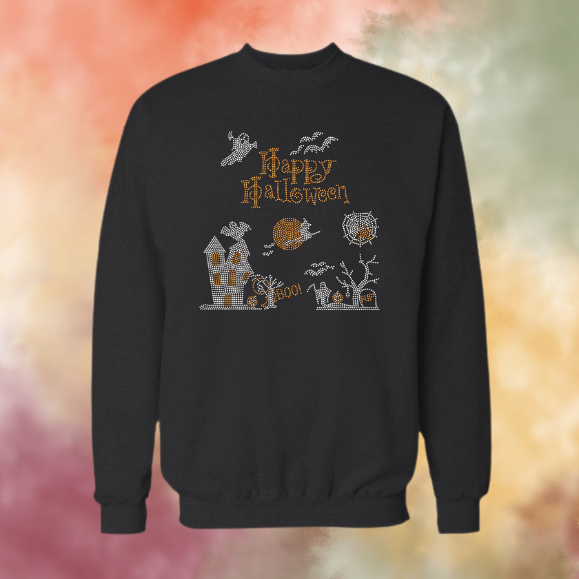 Happy Halloween Scene Rhinestone Shirt – Spooky Sparkle Bling Tee | Blingdazzel