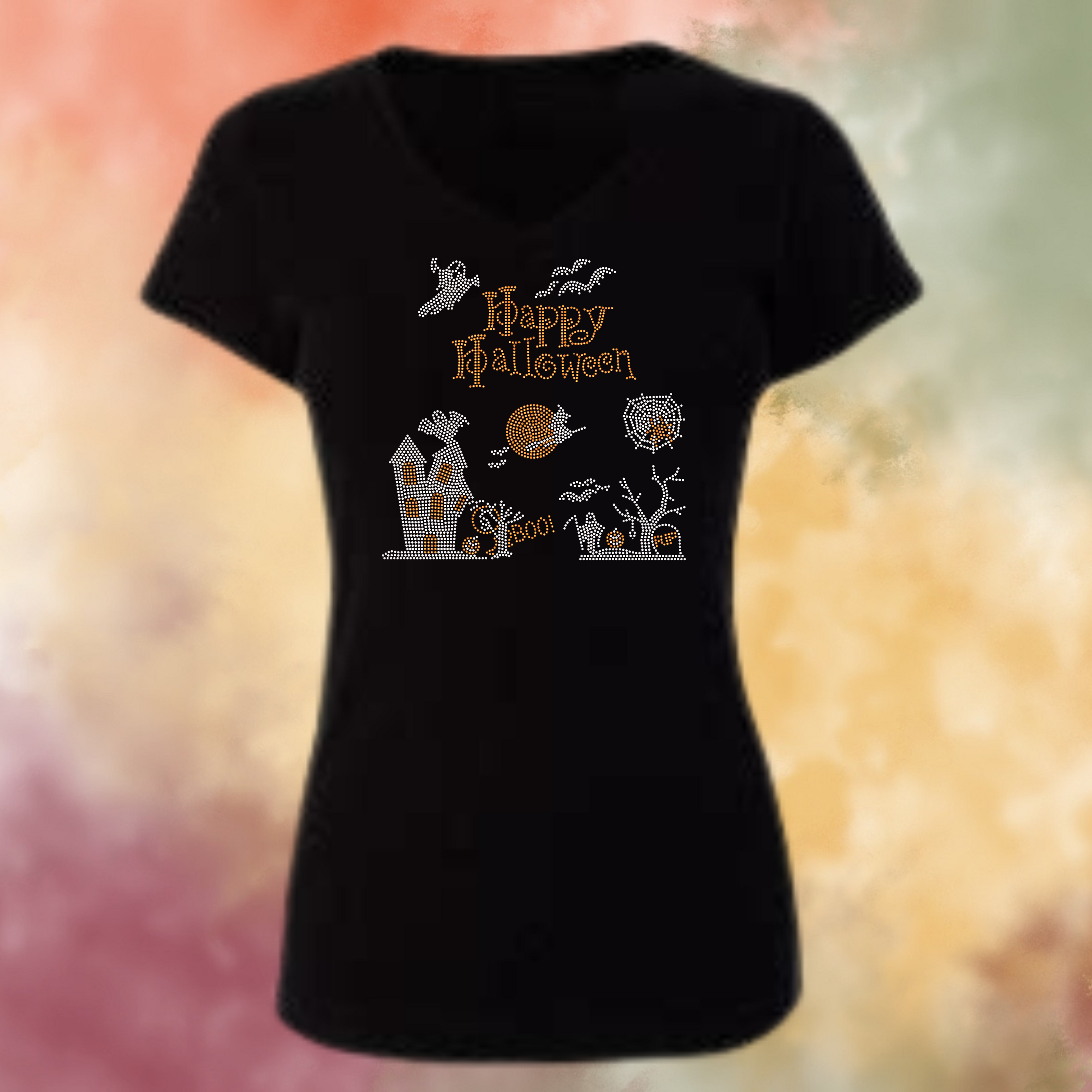 Happy Halloween Scene Rhinestone Shirt – Spooky Sparkle Bling Tee | Blingdazzel