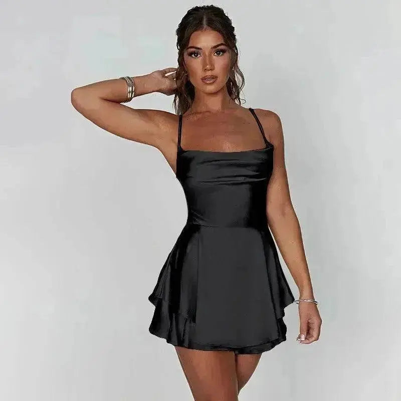 Halter Satin Summer Charming Backless Straps Temperament Elegant Celebrity Style Short Dress