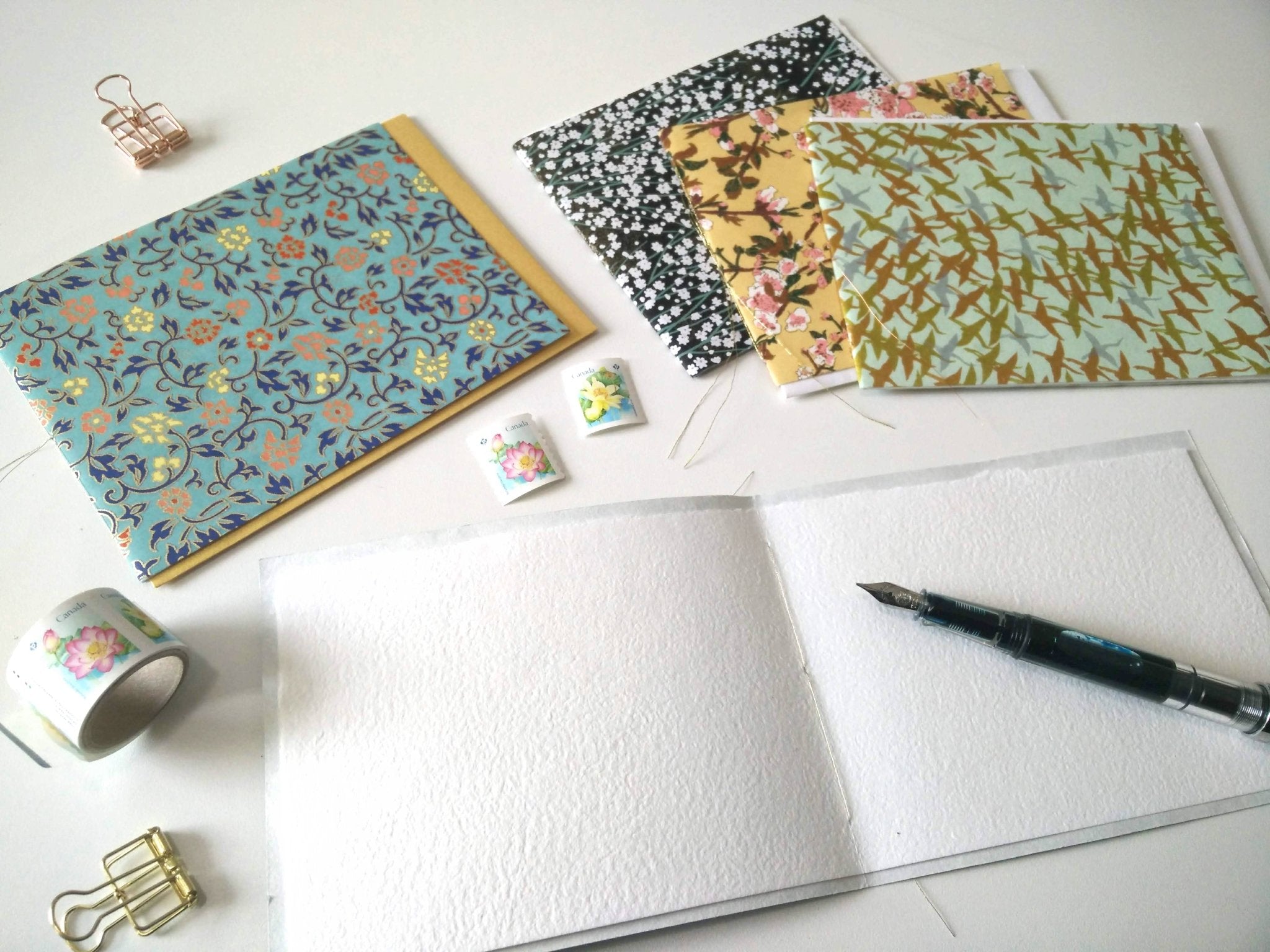 Handsewn Chiyogami Cotton Rag Blank Card | Metallic birds