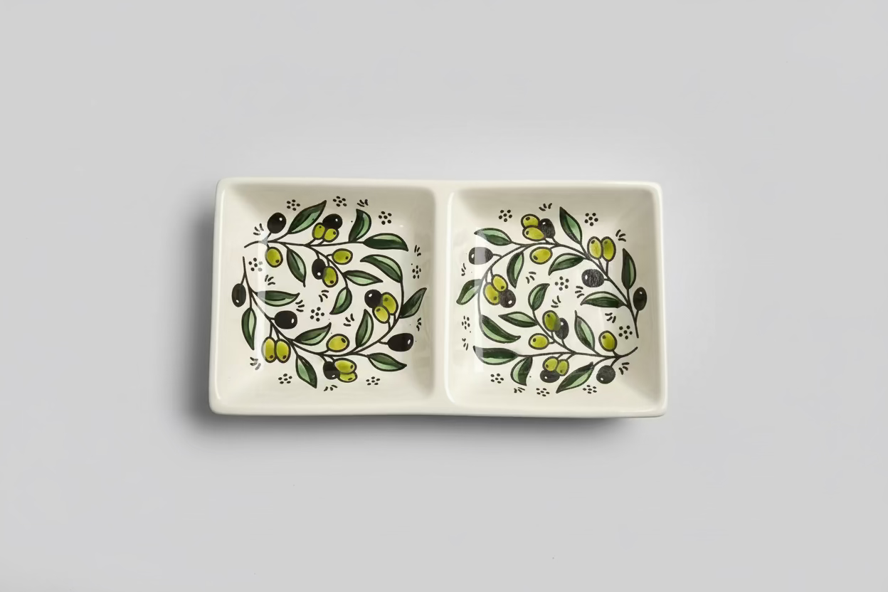 Handcrafted Ceramic Dual Appetizer Plate | Kuffiyeh & Olive Harmony Designs