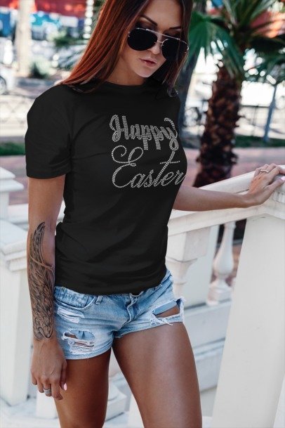 Happy Easter Rhinestone Shirt – Easter Sparkle Bling Apparel for Women | Blingdazzel