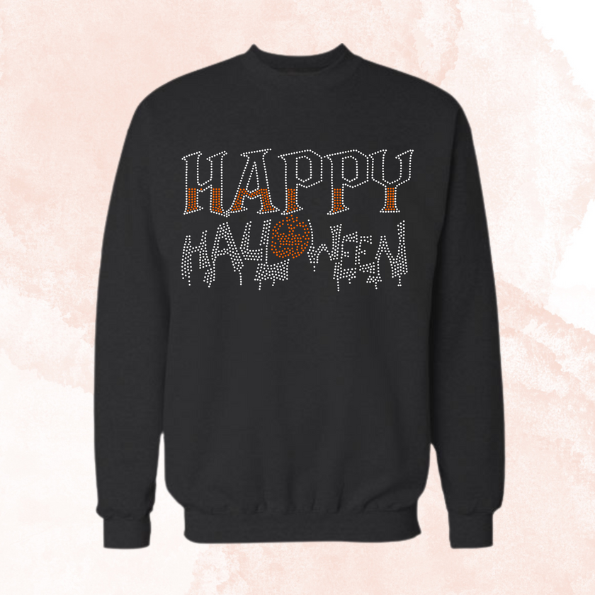Happy Halloween Pumpkin Rhinestone Shirt – Spooky Sparkle Bling Tee | Blingdazzel