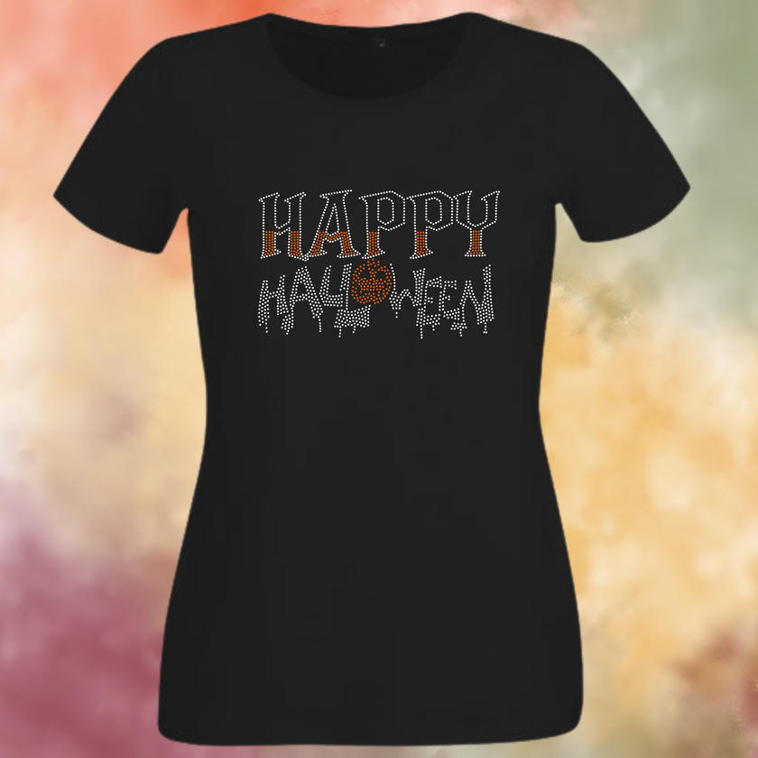 Happy Halloween Pumpkin Rhinestone Shirt – Spooky Sparkle Bling Tee | Blingdazzel