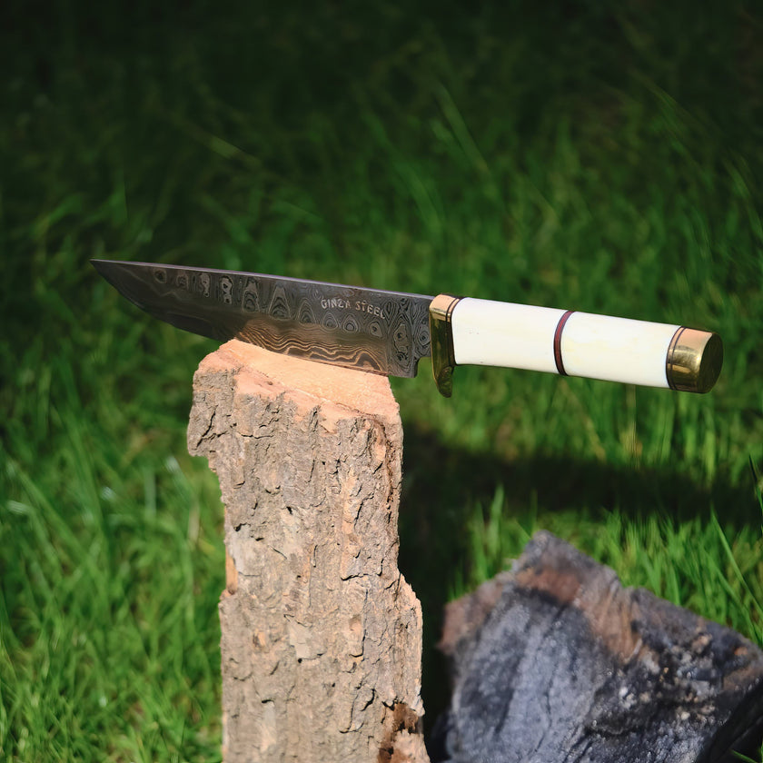 Couteau Haruto Bowie - Manche en os de chameau, lame de 7,5 pouces avec étui en cuir original.