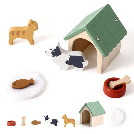 Mini Wooden Dog House & Cat Pretend Play Set