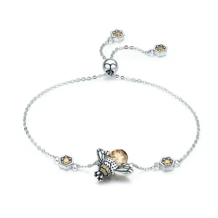 Sterling Silver Dancing Bee Charm Bracelet with CZ