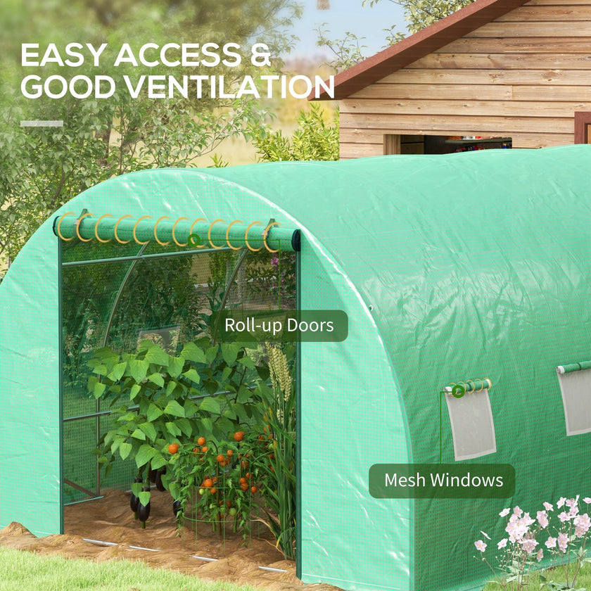 Outsunny 20'x10' Walk-In Greenhouse Sprinkler System Tunnel Wide Roll-Up Door 12 Mesh Windows Green