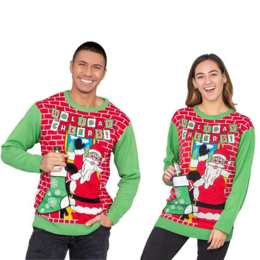 Couple - Holiday Cheers! Santa With Beer Holder Stocking  Sweater