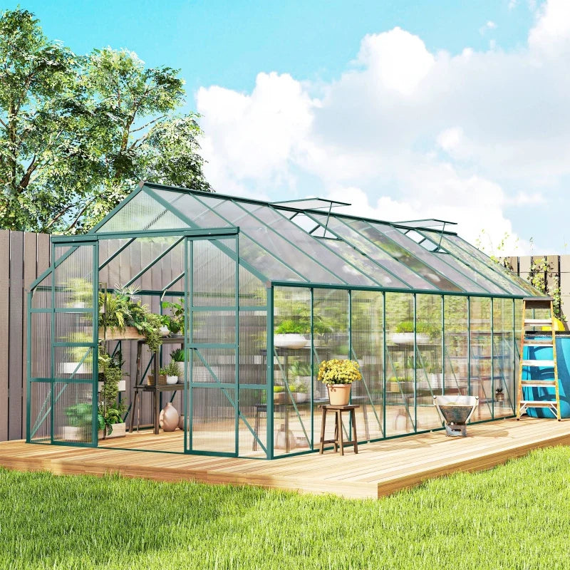 Aluminum Greenhouse Polycarbonate Walk-in Garden Greenhouse with Sliding Door, 20' x 8', Green