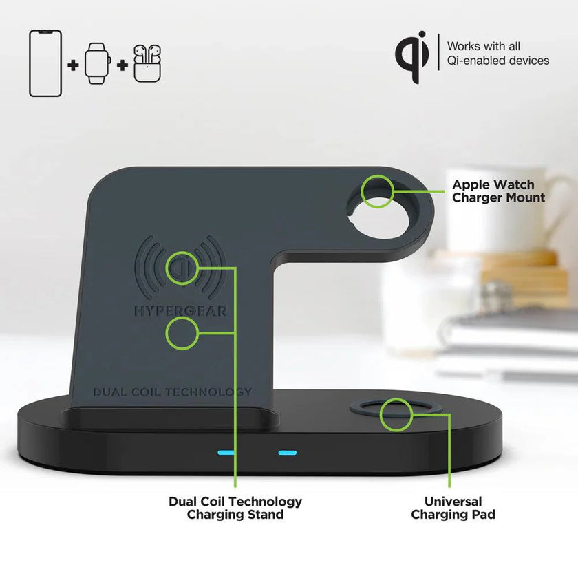 HyperGear - 3-In-1 Wireless Charging Dock With 10W Wireless Fast Charge | Black