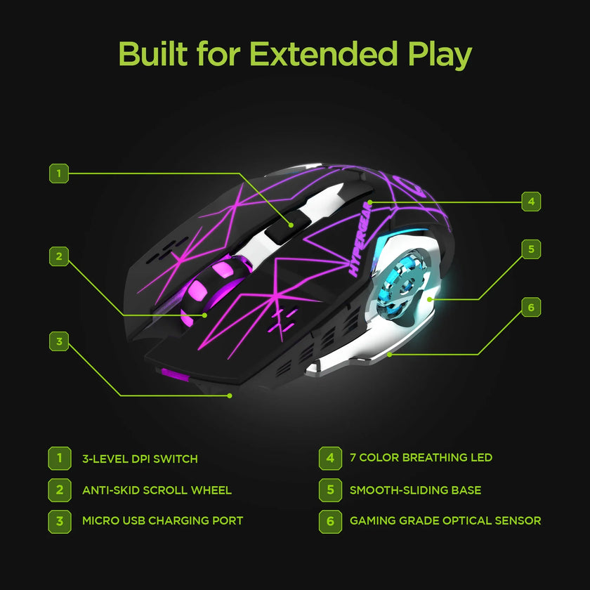 HyperGear - Hypergear Gaming Mouse Wireless 2.4Ghz Chromium 6 Button 1600Dpi 7 Colour Led Pc/Mac - Black