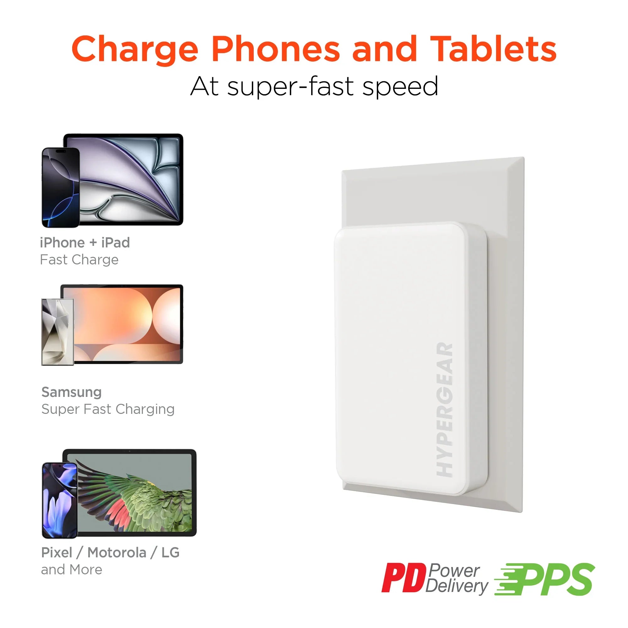 HyperGear - Hypergear Wall Charger 65W (45W + 20W) Dual Usb-C Pd Gan Pps Ultra Slim Fast Charge Foldable Prongs - White