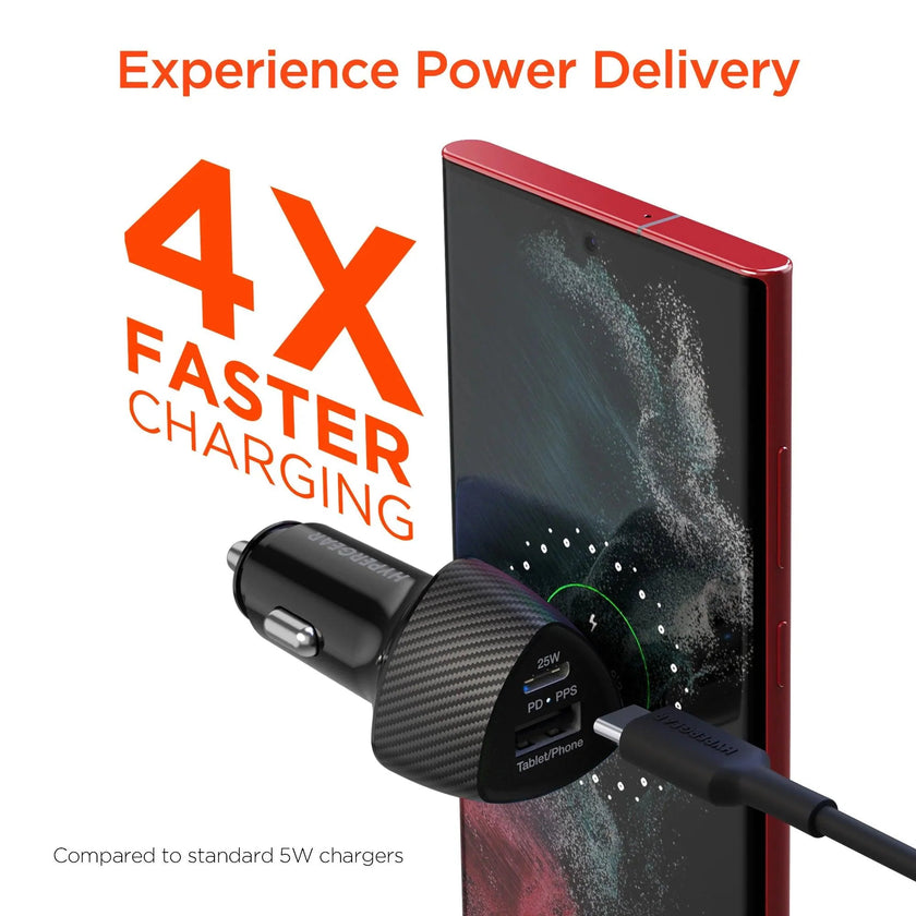 HyperGear - Speedboost 25W Usb-C Pd + 12W Usb Fast Car Charger With Pps | Includes 4Ft Usb-C Cable | Black