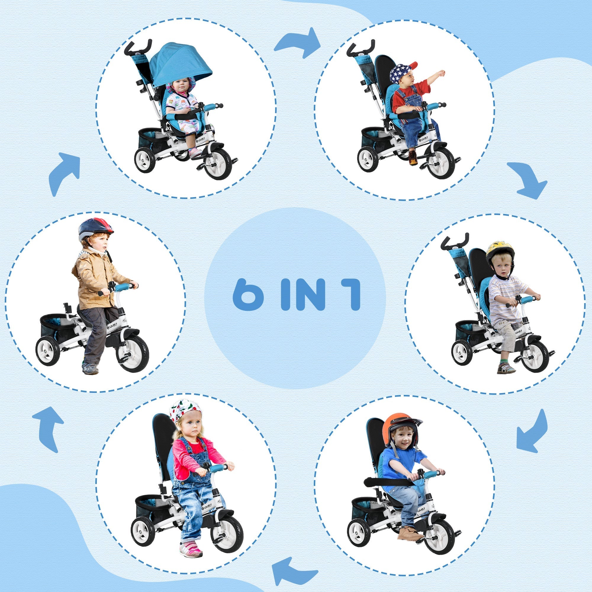 Qaba Convertible 4-in-1 Toddler Tricycle with Parent Handle for Kids 1-5 Years Outdoor Play Blue
