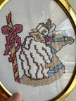Vintage Cross-Stitch Horse & Rider in Brass Oval Frame