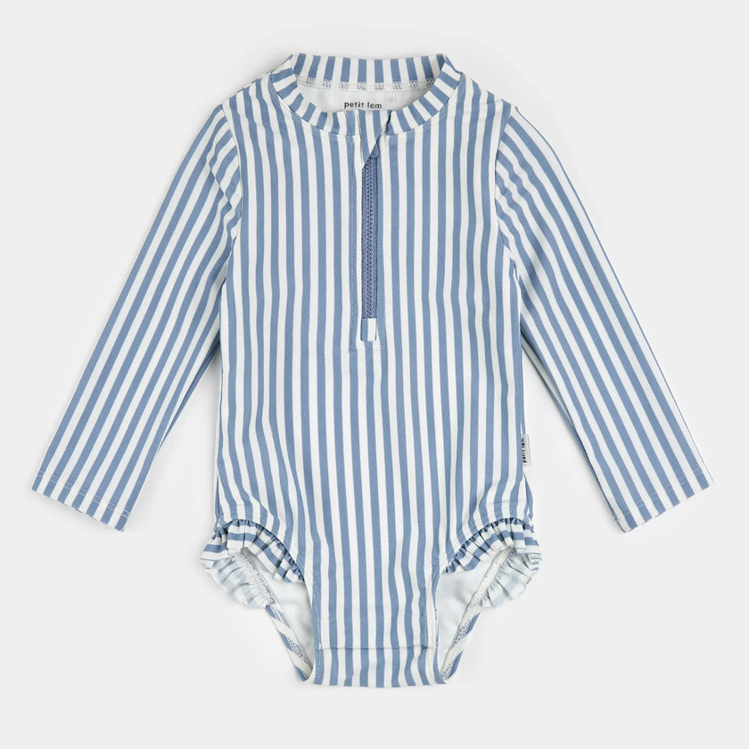 Blue Striped Long-Sleeve One-Piece Swimsuit | Petit Lem