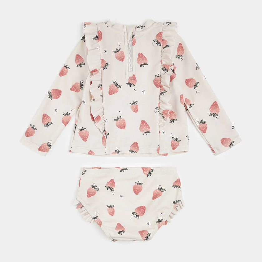Strawberry Print on Crème Long-Sleeve Rashguard Set | Petit Lem