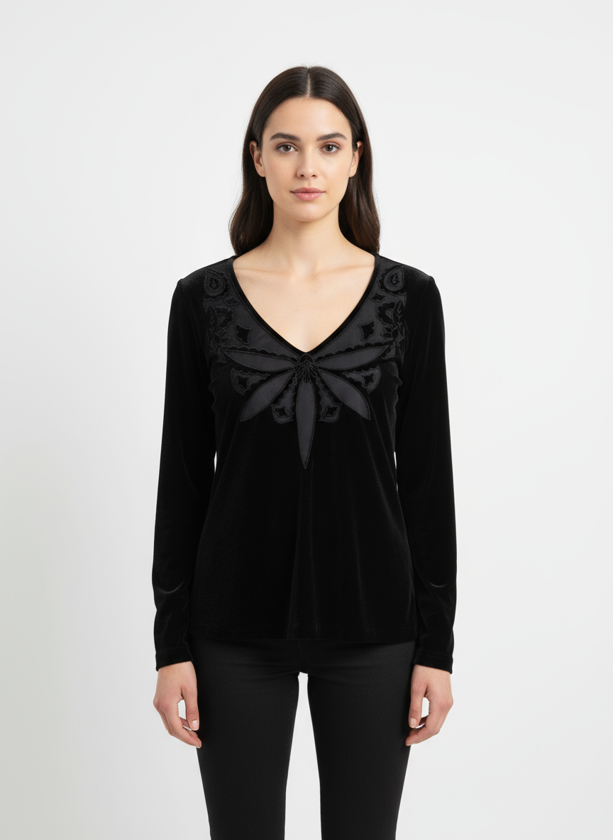 Vintage Black Velvet Butterfly Blouse | Size Large