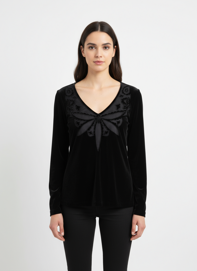 Vintage Black Velvet Butterfly Blouse | Size Large