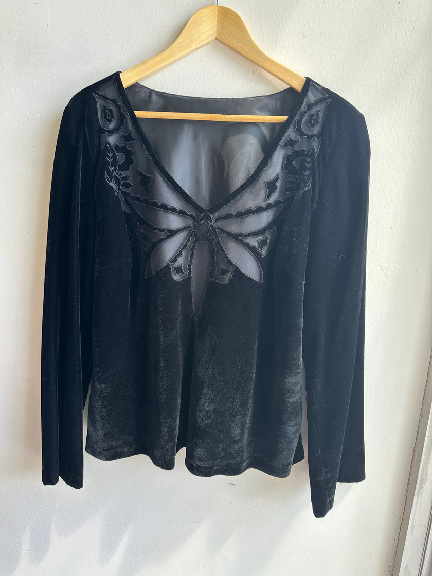 Vintage Black Velvet Butterfly Blouse | Size Large