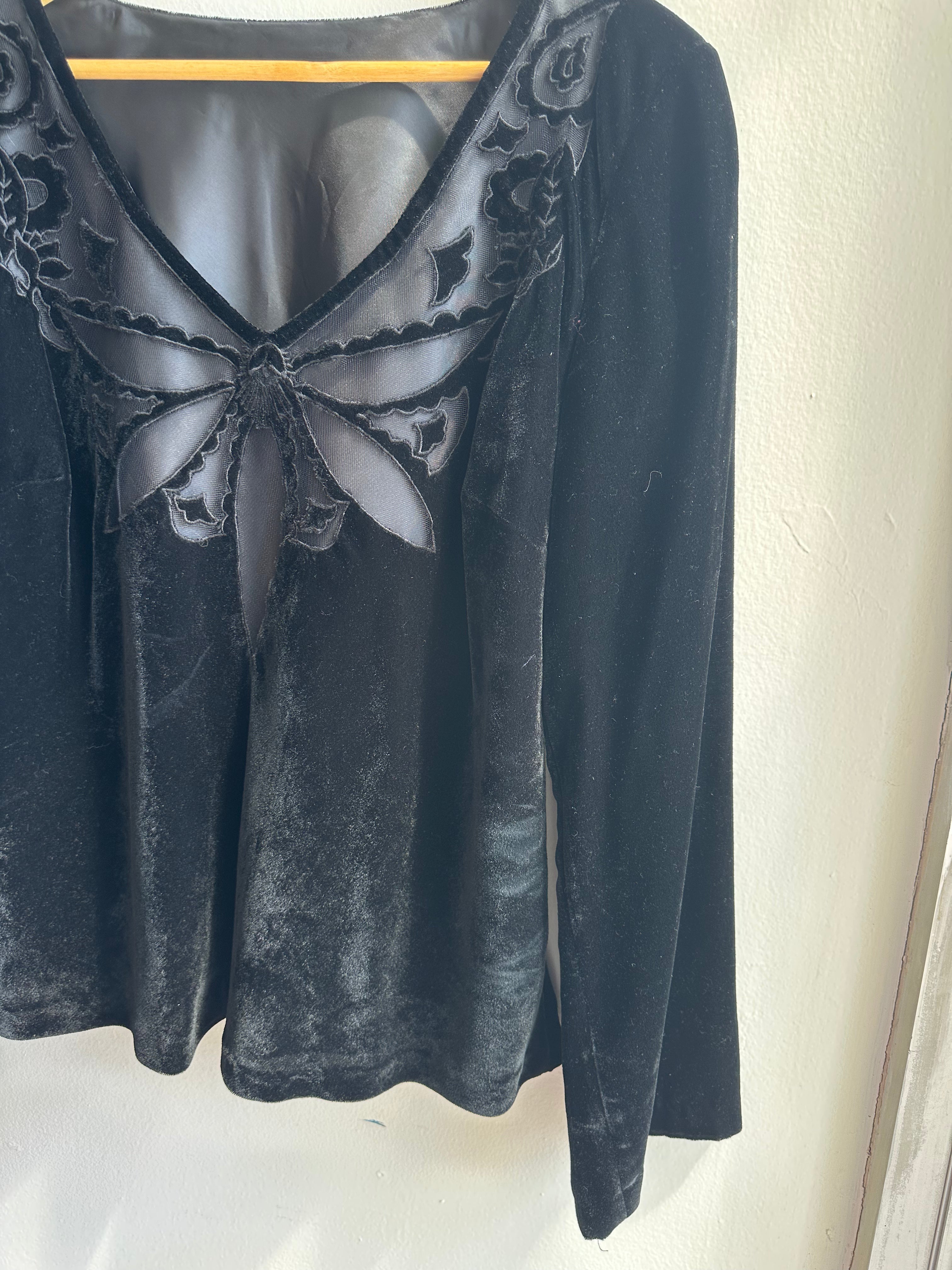 Vintage Black Velvet Butterfly Blouse | Size Large