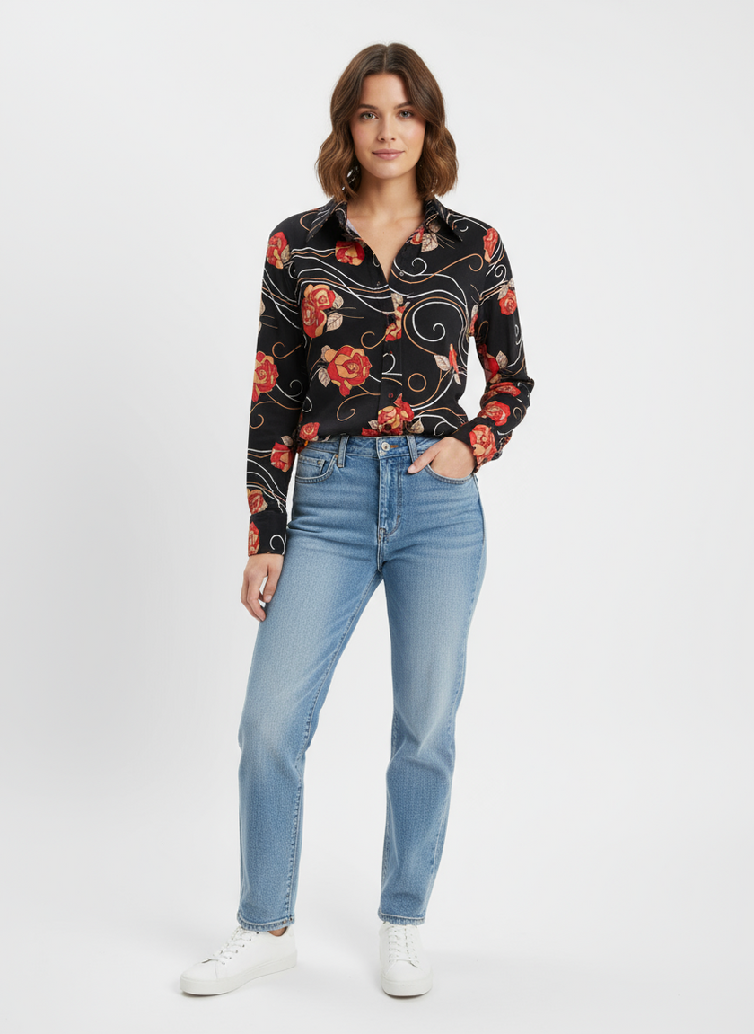 Vintage Guinessa Black Rose Button-Up – Size Small