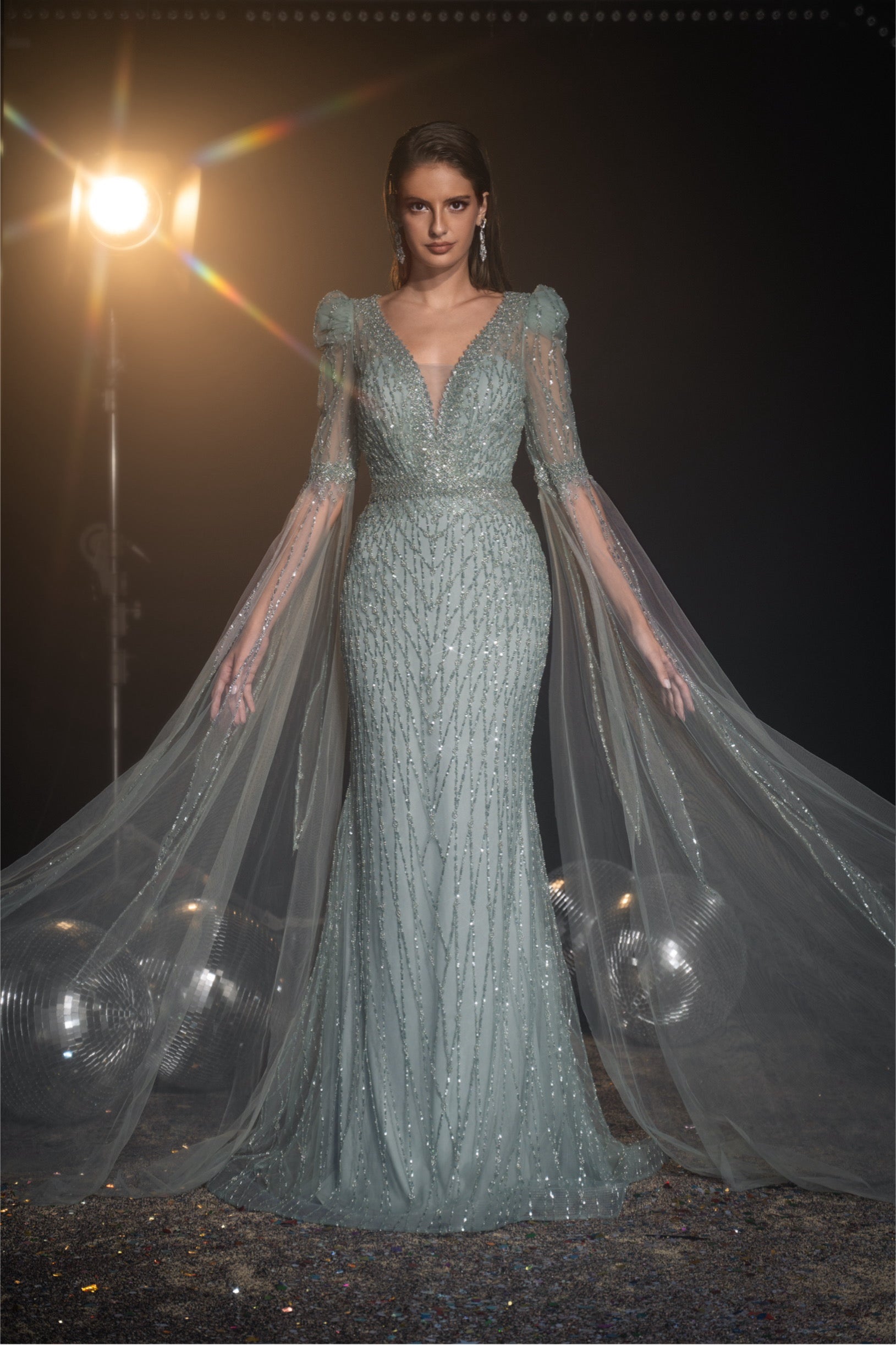 Embellished cape sleeves Evening Gown