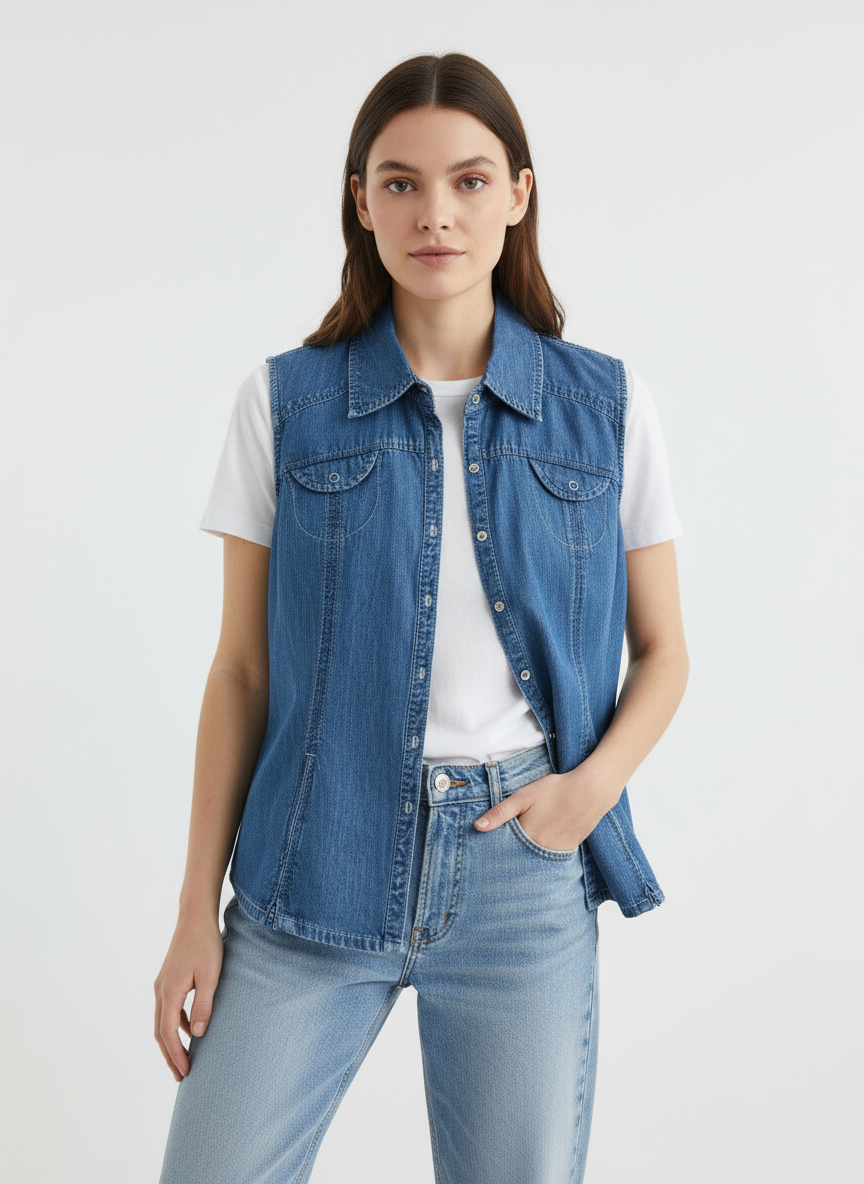 Vintage Denim Sleeveless Button-Up – American Essentials | Size 16/18