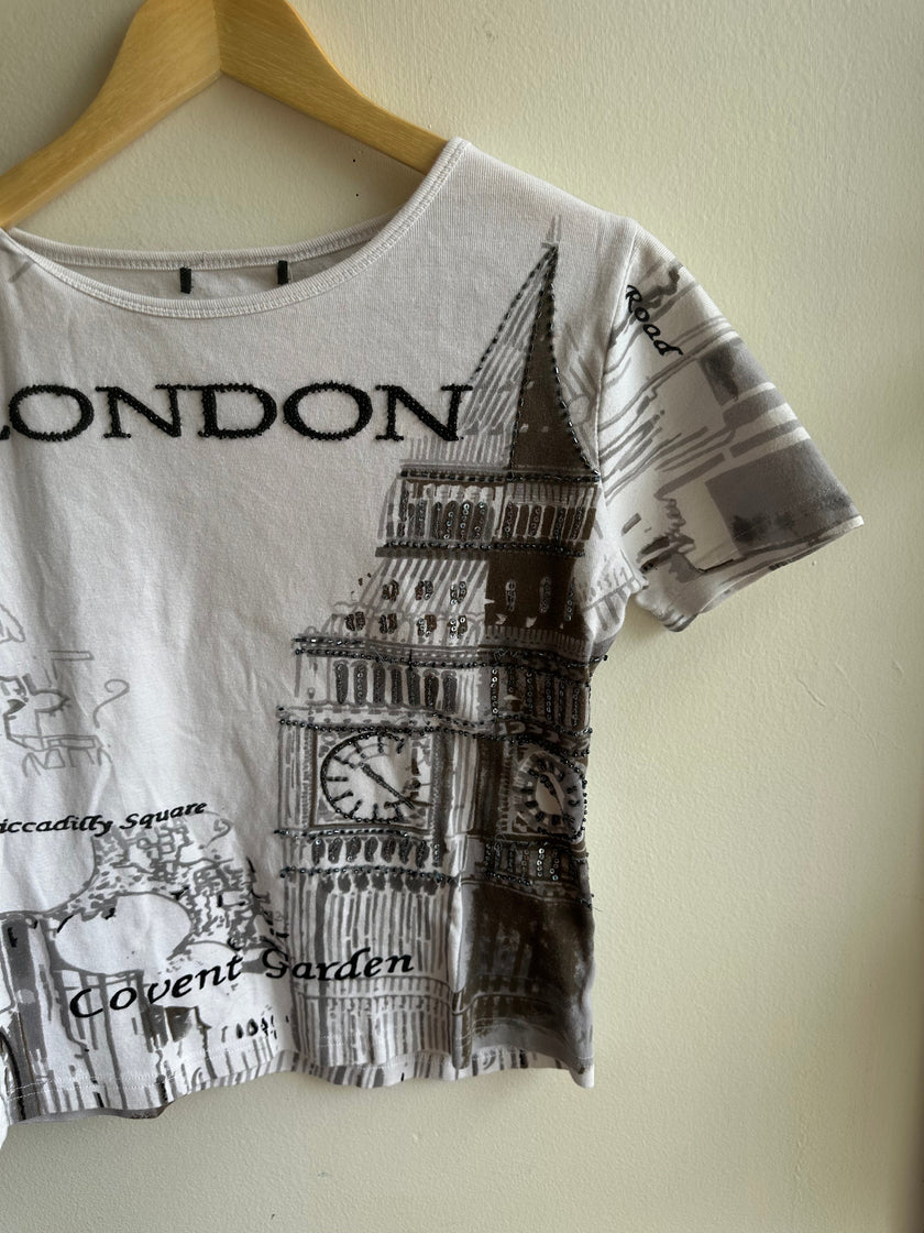 Y2K London Graphic Tee with Rhinestone Detail | Size Medium