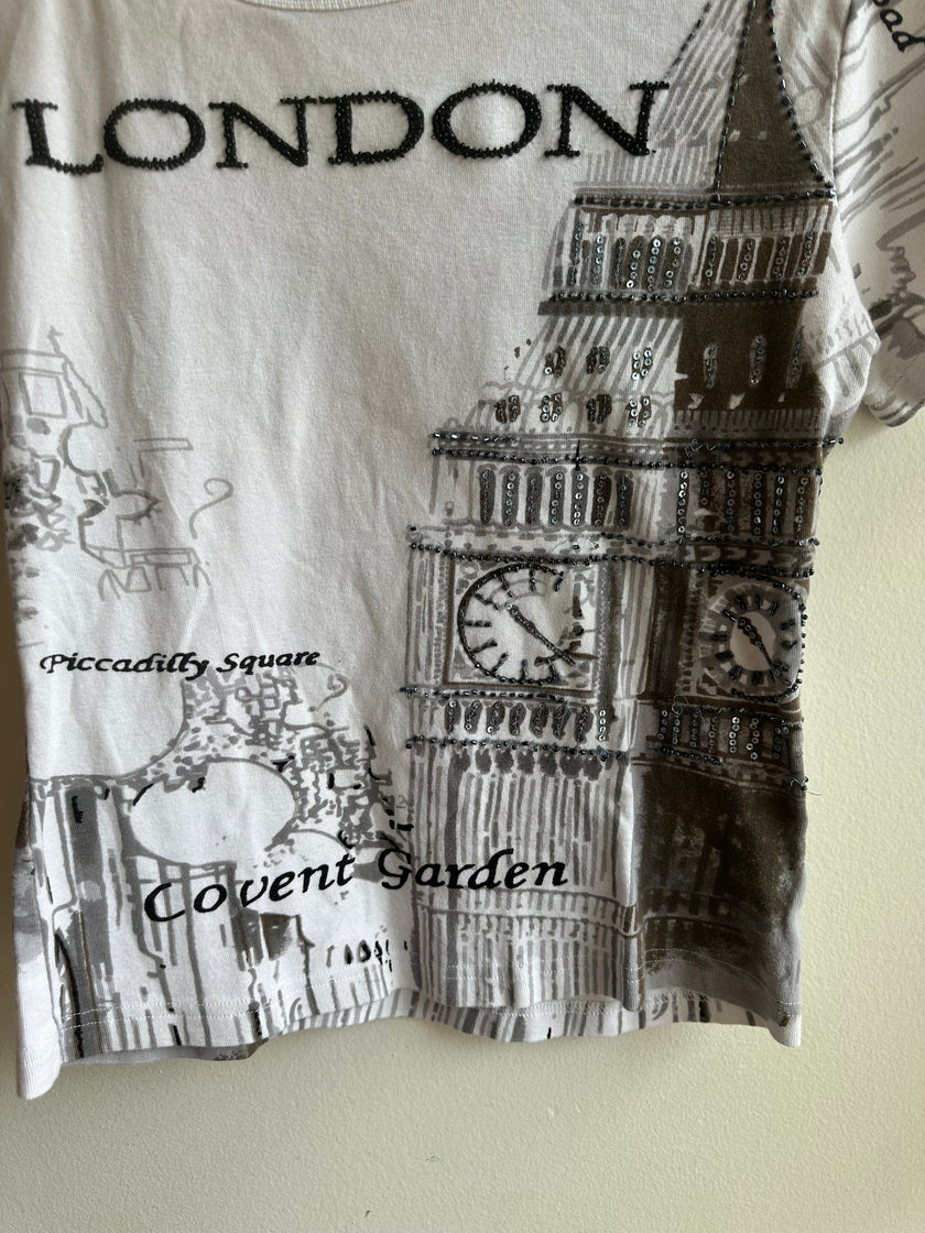 Y2K London Graphic Tee with Rhinestone Detail | Size Medium