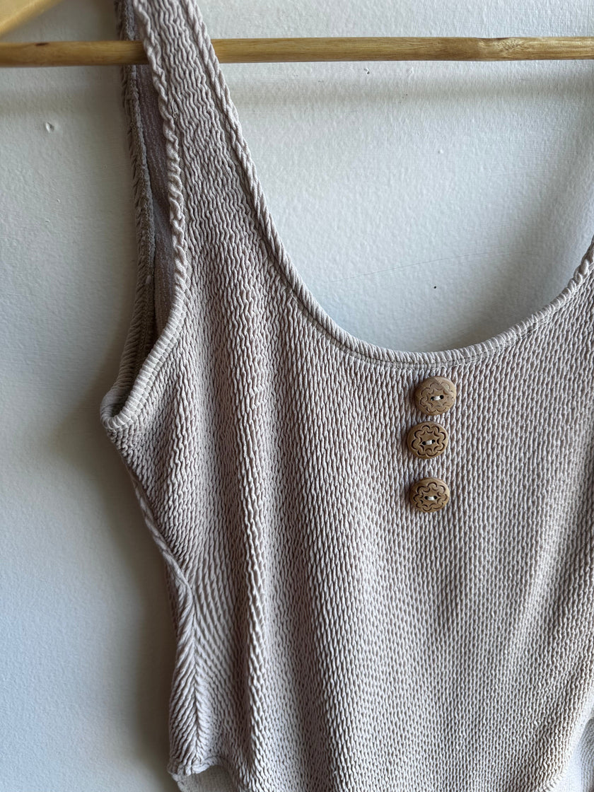 Vintage Textured Button-Front One-Piece Swimsuit – Size Large