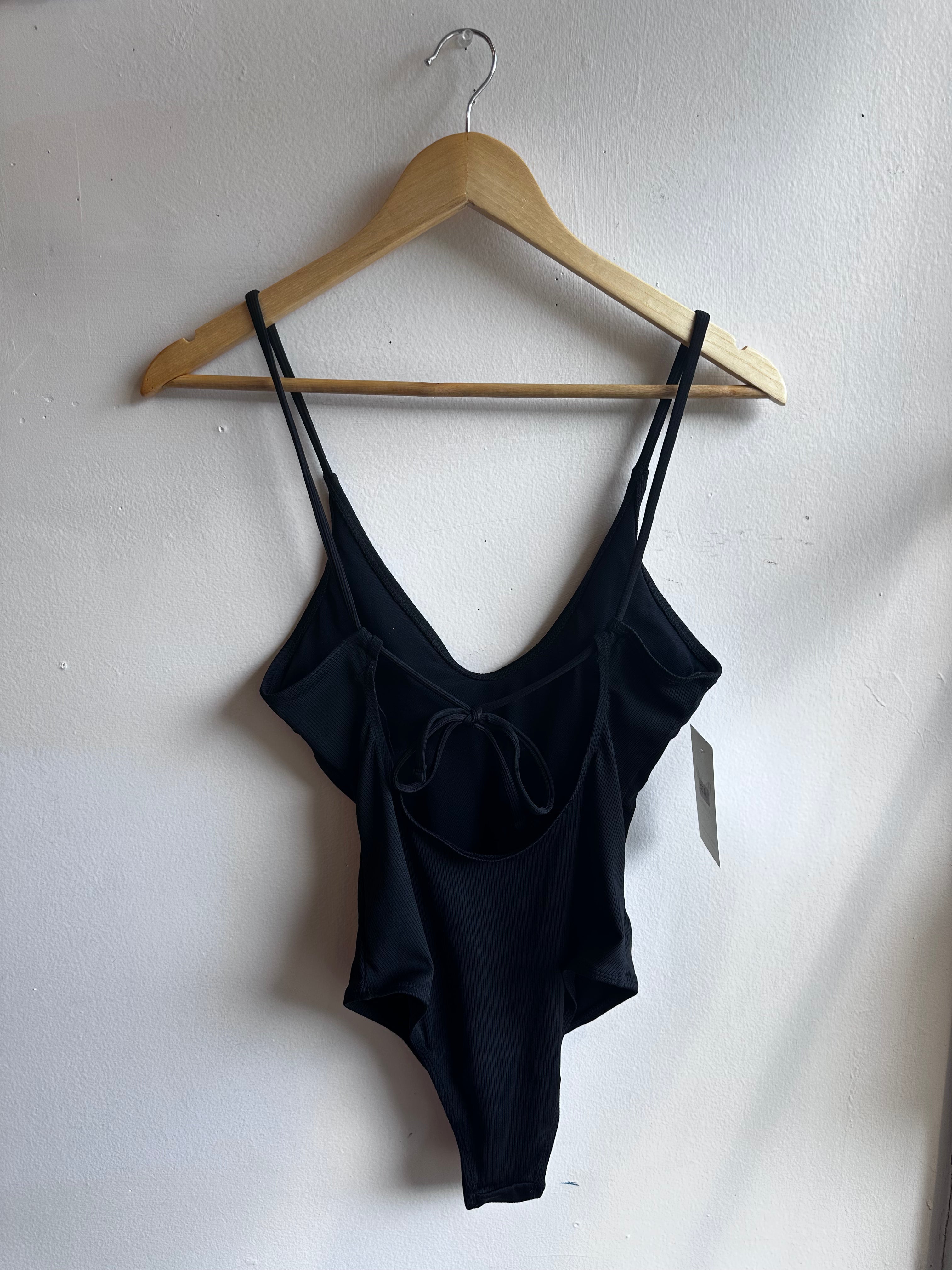 Black Ribbed Tie-Back One-Piece – Size Medium
