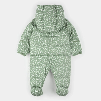 Hooded Baby Snowsuit | Floral Print on Sage Green | Petit Lem