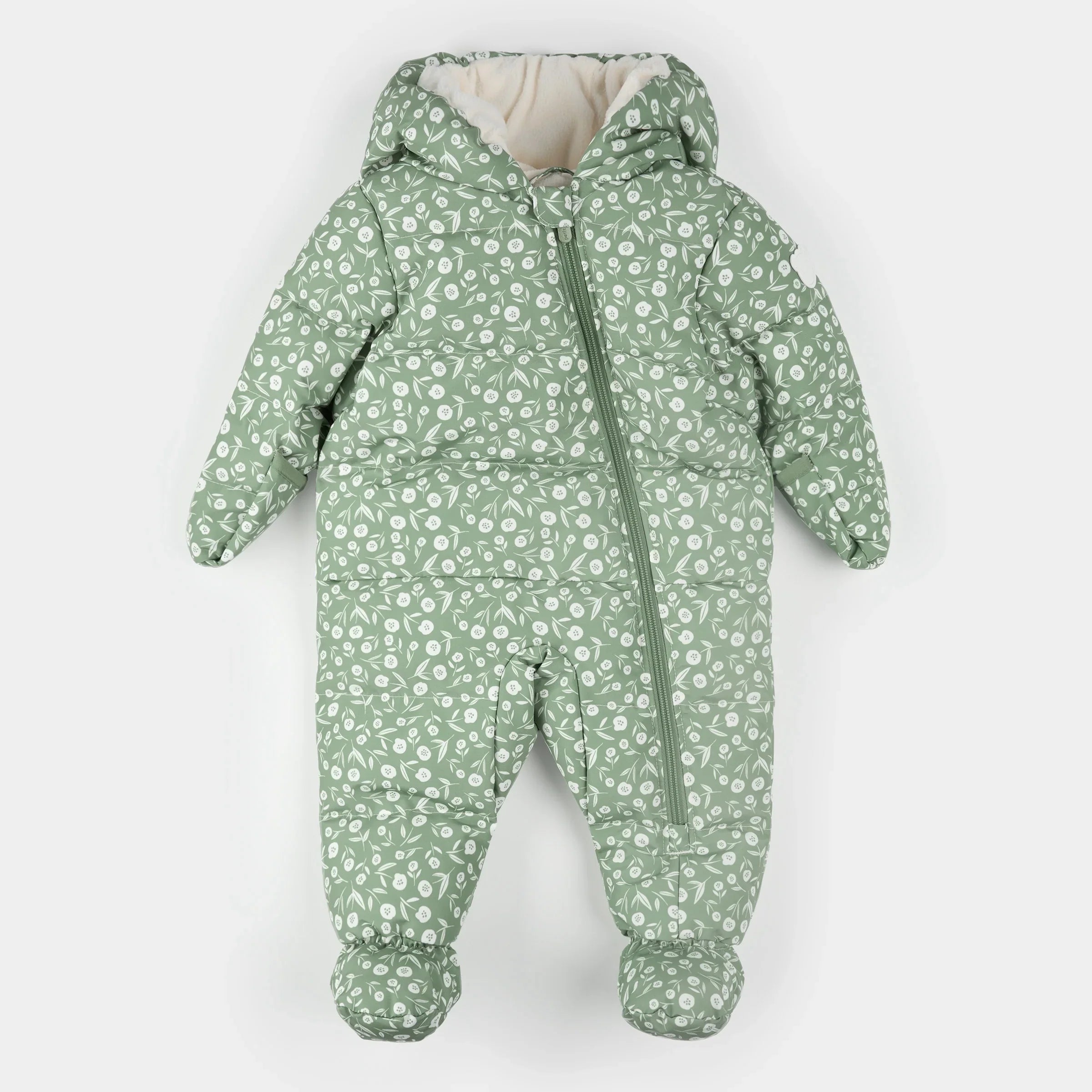 Hooded Baby Snowsuit | Floral Print on Sage Green | Petit Lem