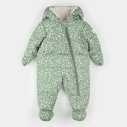 Hooded Baby Snowsuit | Floral Print on Sage Green | Petit Lem