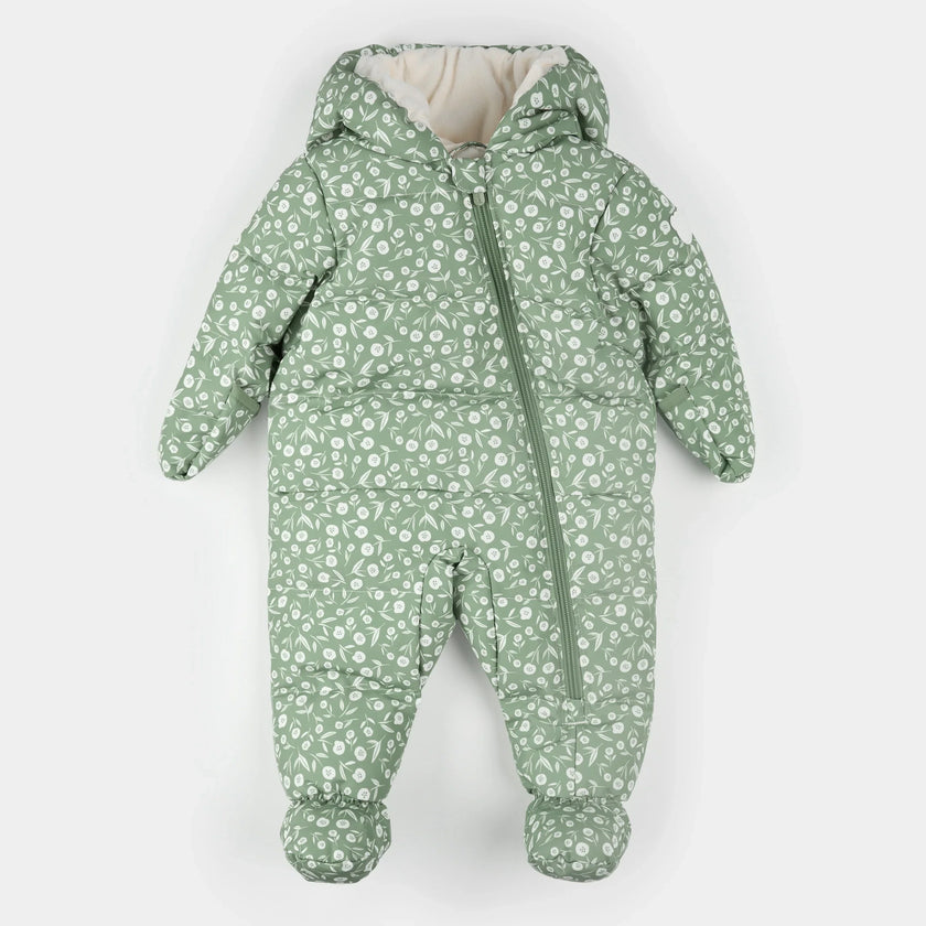 Hooded Baby Snowsuit | Floral Print on Sage Green | Petit Lem